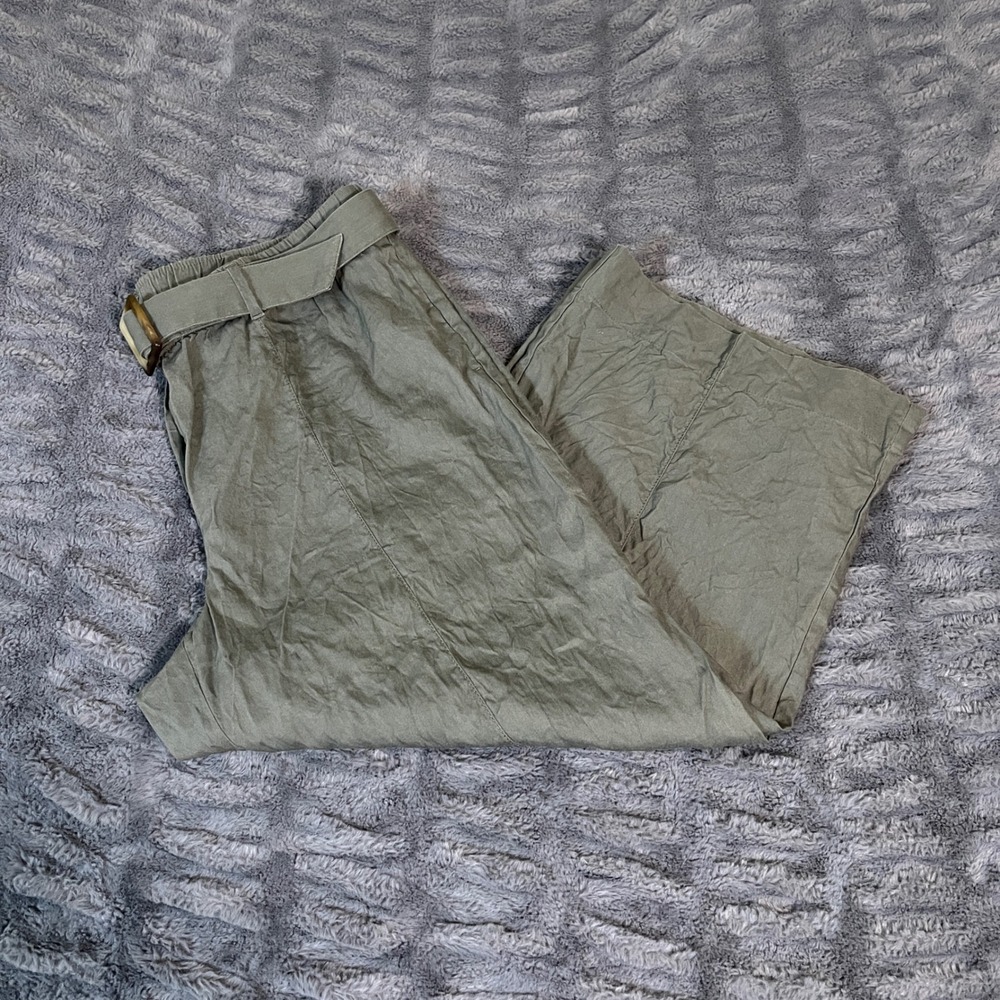 J Jill Linen Stretch Wide Leg Cropped Pants Belted Khaki Size L‎